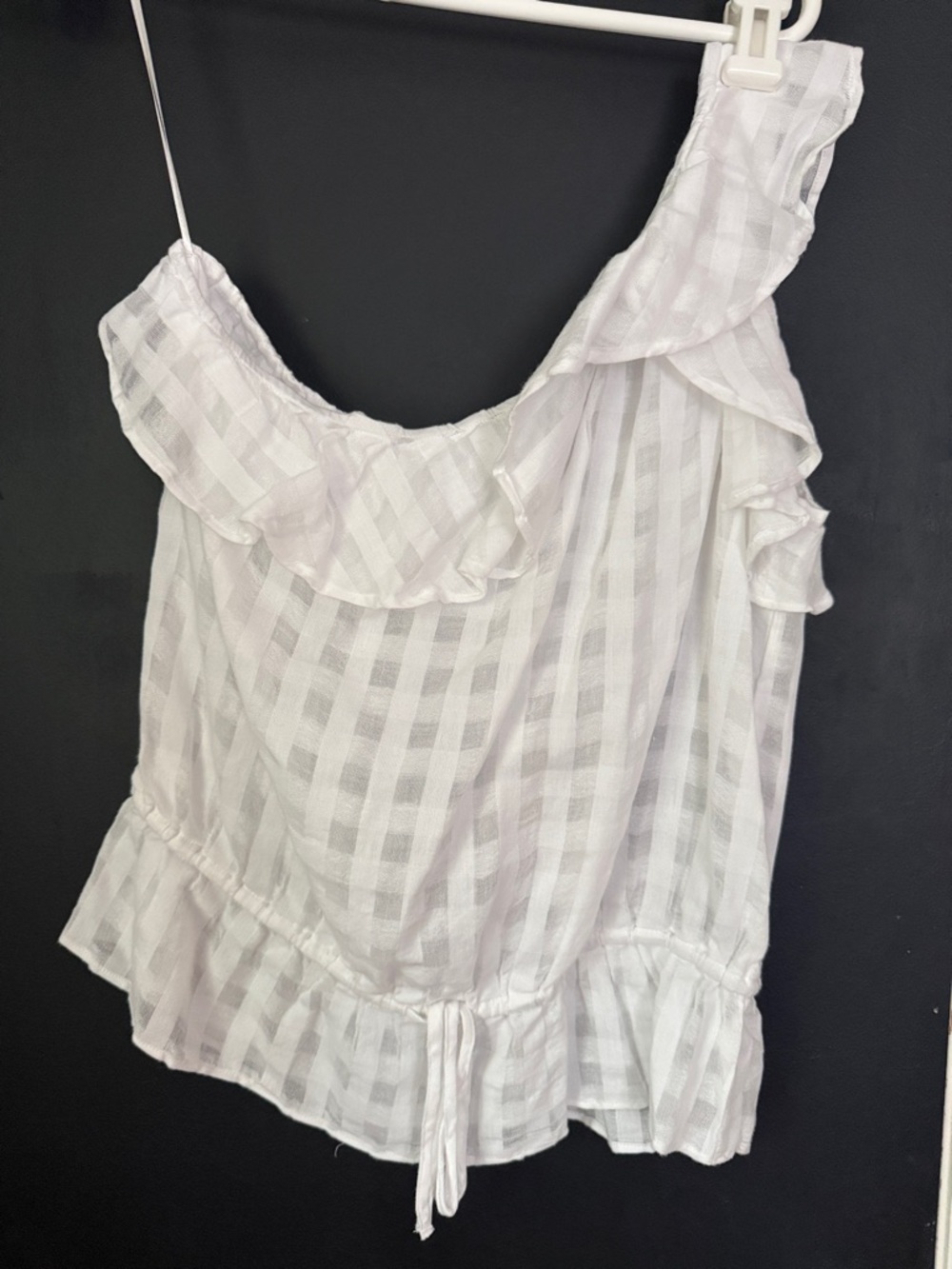Rails One-Shoulder Checkered Tie Waist Sheer Ruffle Top Size: L